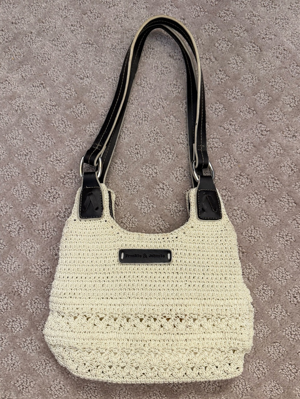 Frankie & Johnnie Cream Crochet Shoulder Bag Purse with Black Straps Travel